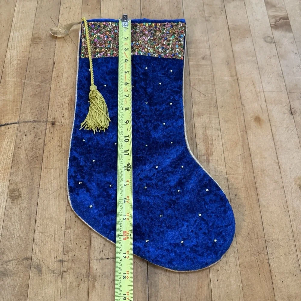 Ethereal Blue Velvet Christmas Stocking with Multicolor Sequins &‎ Gold Tassel